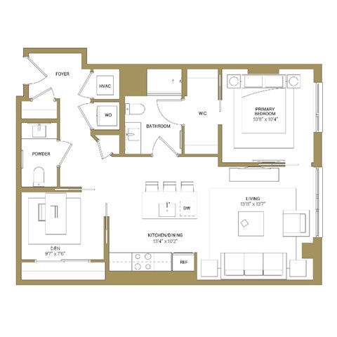 Floor plan for 1 bed, 1.5 baths, 885 sqft